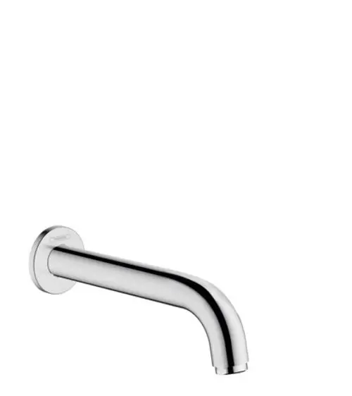 Chromfarbener Wasserhahn von Hansgrohe, mit gebogenen Auslauf, zur Wandmontage geeignet. Eignet sich für den Einsatz in Badezimmer und Wellnessbereichen.